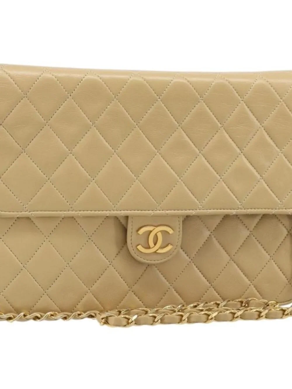 CHANEL Matelasse Chain Shoulder Bag Lamb Skin Beige Gold CC Auth 187257